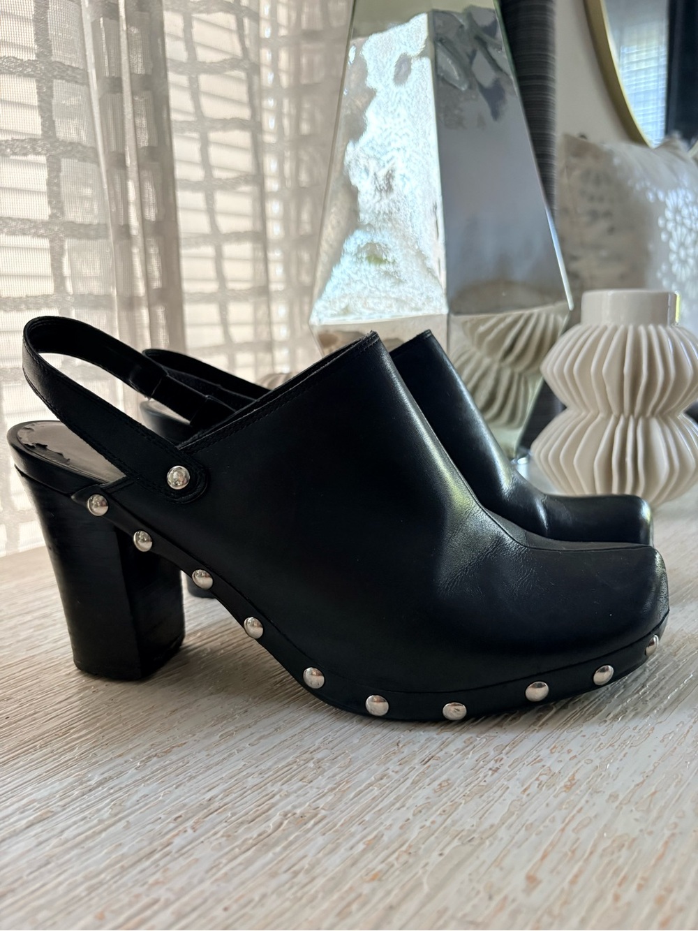 M. P. S Black Leather Studded Clogs Size 8.5